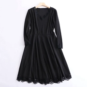 Váy mid-length Thu mới của phụ nữ thời trang mỏng màu rắn V-cổ cao eo thon ren dài tay đầm 7159 - Váy dài