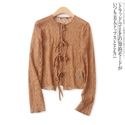 系带蕾丝衫春夏新款外贸女装时尚百搭半透视修身长袖外罩衫17892