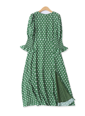 波点长裙春夏新款外贸女装百搭圆领高腰前开叉七分袖连衣裙17967