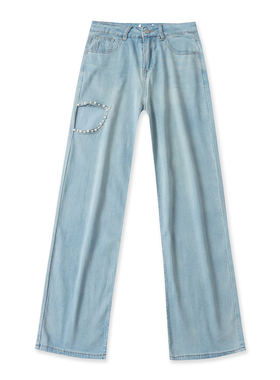 钉珠软牛仔裤春季新款外贸女装时尚百搭高腰线修身镂空长裤19425