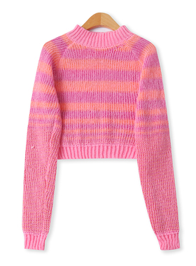 条纹短款毛衣秋季新款外贸女装时尚百搭修身插肩长袖针织衫18921