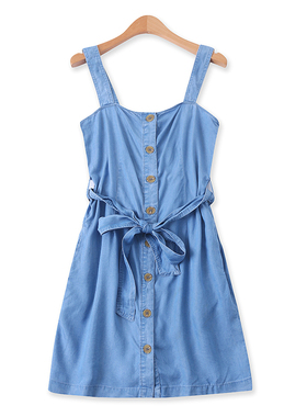 吊带裙夏新款外贸女装百搭减龄单排多扣系带显瘦天丝连衣裙12165