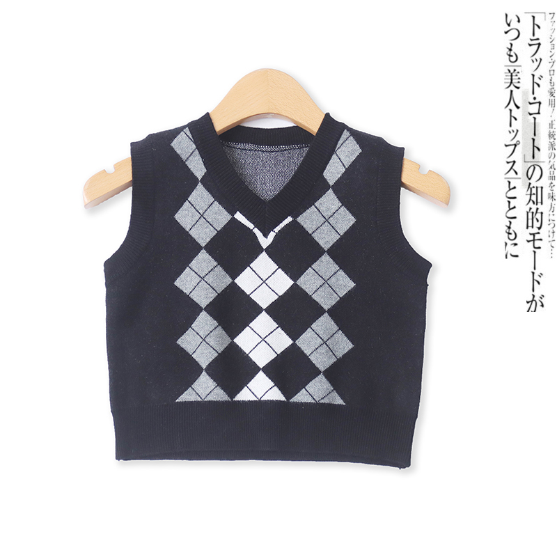 鸡心领套头百搭短款菱形格马甲