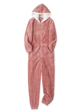 珊瑚绒家居服冬新款外贸男女保暖连帽半拉链宽松长袖连体衣16868