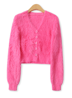 仿水貂绒针织开衫秋新款外贸女装时尚短款软糯修身长袖毛衣18710