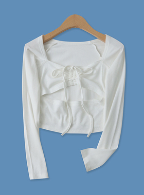 时尚镂空T恤春秋新款外贸女装时尚百搭系带显瘦长袖螺纹上衣16191