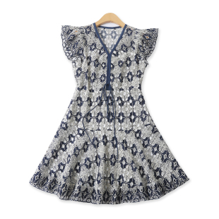 侧拉链收腰飞飞袖 法式 V领中长裙19708 外贸女装 小香风刺绣裙夏新款