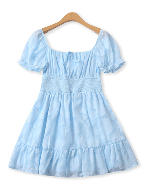 提花短裙夏新款外贸女装减龄方领褶皱收腰荷叶边短袖连衣裙19928