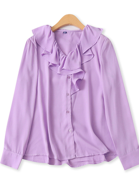 雪纺衬衫夏秋新款外贸女装时尚百搭荷叶领修身前扣长袖上衣17122