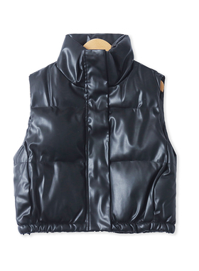 PU皮棉马甲背心冬季新款外贸女装立领拉链暗扣加厚保暖外套16252