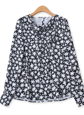 印花上衣秋新款外贸女装时尚堆堆领飘巾宽松五角星长袖衬衫12934