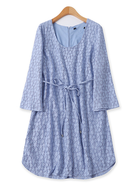 蕾丝裙秋新季款外贸女装甜美收腰系带显瘦九分袖套头连衣裙13353