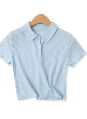 短款T恤夏季新款外贸女装百搭糖果色显瘦螺纹翻领短袖POLO衫15114