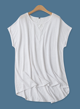 大码T恤夏新款外贸胖MM大版显瘦圆领镂空蕾丝插肩短袖针织衫10534