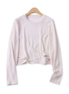 针织T恤春季新款外贸女装时尚修身圆领百搭镂空扭结长袖打底17779