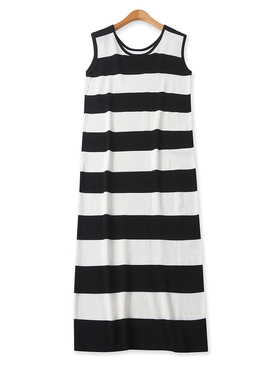 条纹背心裙秋季新款外贸女装百搭圆领宽松无袖针织打底长裙18855