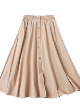 半身伞裙春新款外贸女装时尚百搭松紧腰单排扣宽松A字中长裙17907