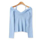 新款 高弹力螺纹针织衫 外贸女装 V领修身 18890 时尚 吊带露肩毛衣秋季