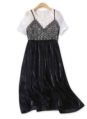 假两件连衣裙夏季新款外贸女装百搭法式亮面蕾丝短袖中长裙16724