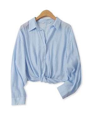 薄款衬衫秋季新款外贸女装百搭显瘦单排扣收口褶皱长袖小衫15538