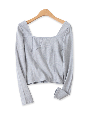 螺纹棉T恤秋新款外贸女装时尚短款方领套头修身显瘦长袖上衣15562