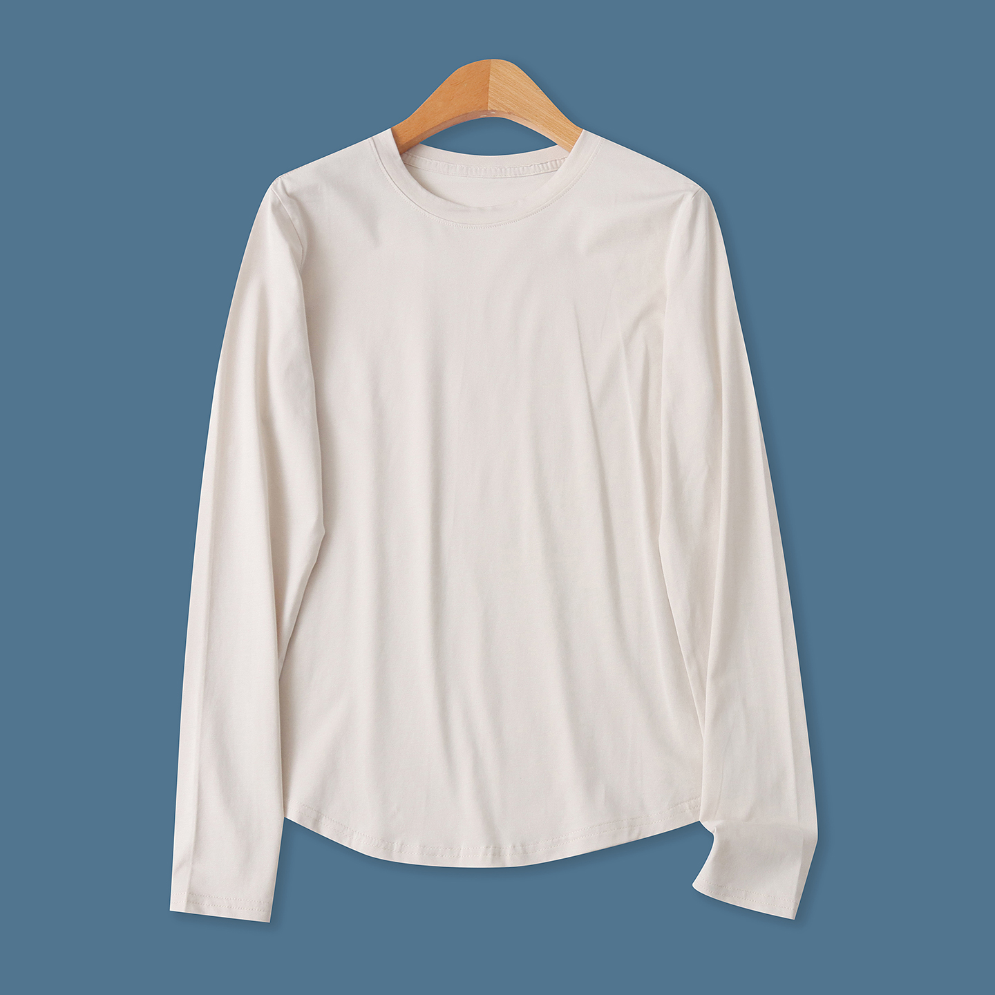 人棉T恤春新款外贸女装百搭纯色圆领弹力修身长袖套头打底衫19211