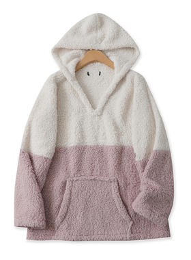 撞色绒衫冬新款外贸女装百搭休闲袋鼠兜宽松长袖连帽毛毛衫16017