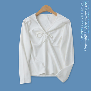 纯色百搭圆领显瘦长袖 高弹力打底衫 外贸女装 新款 飘带T恤16207 春季