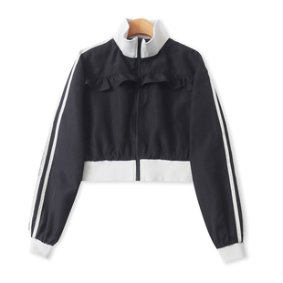 薄款夹克春新款外贸女装减龄荷叶边立领宽松长袖拉链短外套19283