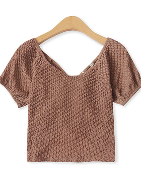 露背短款T恤秋新款外贸女装时尚百搭后绑带泡泡褶皱短袖上衣17303