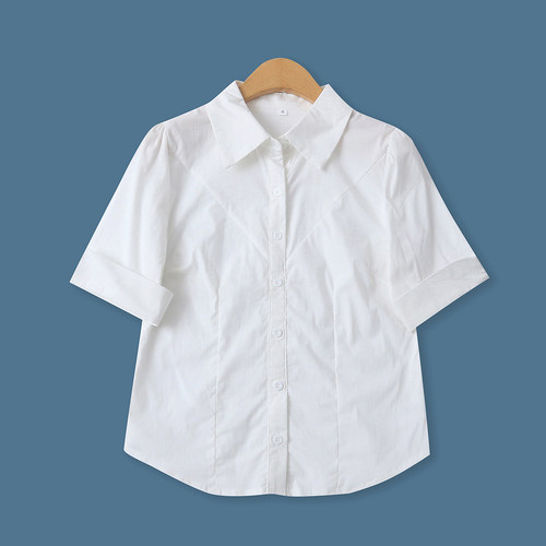 收腰白衬衫夏新款外贸女装时尚拼接翻领单排扣显瘦短袖衬衣19833