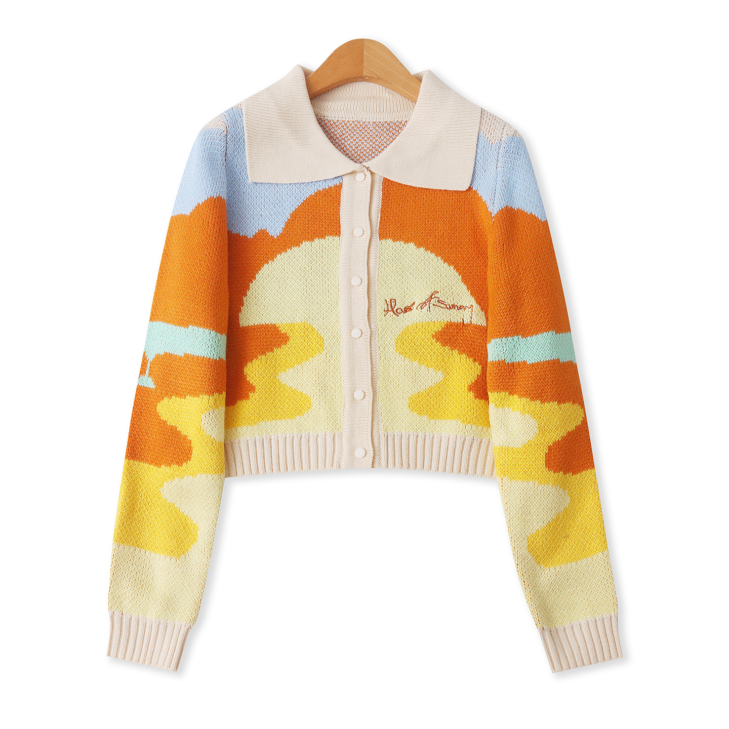 撞色短款毛衣秋新款外贸女装百搭油画感单排扣修身长袖开衫19141