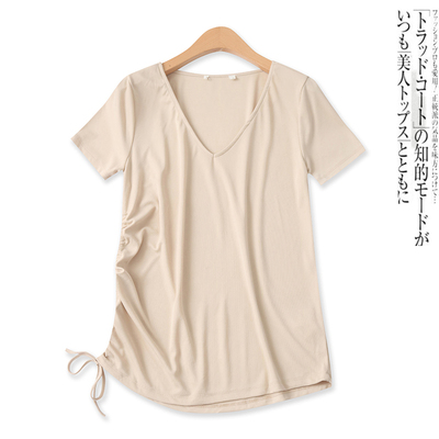 短袖纯色百搭宽松V领抽褶系带T恤