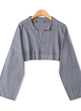 短款针织衫春季新款外贸女装百搭宽松翻领可做叠穿长袖上衣19199