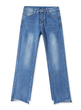 不规则牛仔裤秋新款外贸女装时尚百搭修身水洗磨白毛边长裤18801