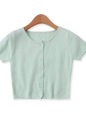 短款针织开衫春新款外贸女装百搭圆领单排扣修身显瘦短袖T恤12148