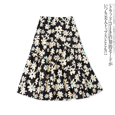 印花半身裙夏新款外贸女装百搭复古松紧腰宽松拼接A字中长裙18282