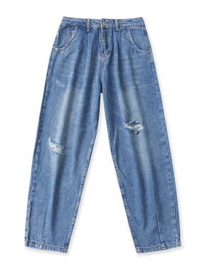 牛仔老爹裤秋季新款外贸女装时尚百搭水洗磨白破洞修身长裤18748