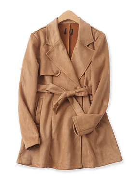 中长麂皮绒外套秋新款外贸女装百搭双排扣收腰系带长袖风衣15580