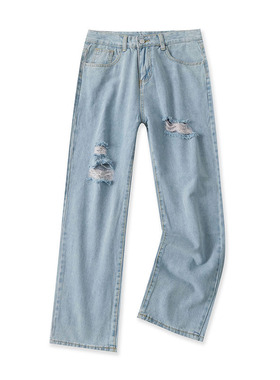 破洞牛仔裤春夏新款外贸女装百搭高腰宽松多口袋水洗老爹裤16615