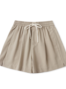 休闲短裤夏季新款外贸女装百搭纯色松紧高腰系带显瘦阔腿裤18499