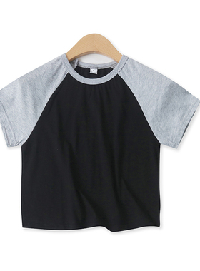 撞色拼接棉T恤夏新款外贸女装百搭短款修身圆领插肩短袖上衣16290