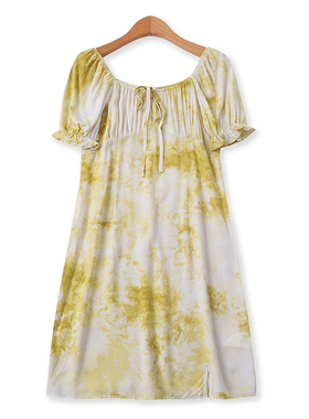 扎染裙夏新款外贸女百搭减龄小个子隐形拉链显瘦短袖连衣裙12649