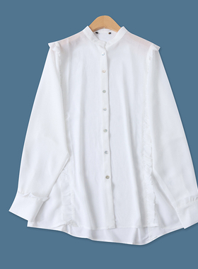 木耳边雪纺衫春夏新款外贸女装时尚百搭单排扣宽松长袖衬衫17977