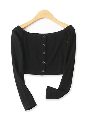 一字领T恤秋新款外贸女装时尚露脐装饰扣弹力修身长袖螺纹衫15618