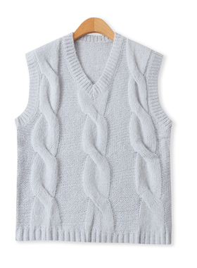 麻花针织马甲秋季新款外贸女装纯色百搭鸡心领宽松套头背心19062