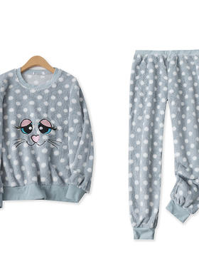 卡通绒套装冬新款外贸女装减龄保暖家居长袖上衣+松紧腰睡裤10896