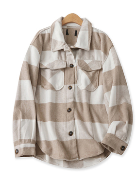 磨毛格子外套秋季新款外贸女装休闲百搭单排扣宽松长袖上衣15608