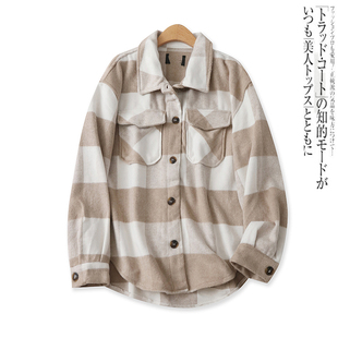 休闲百搭单排扣宽松长袖 外贸女装 上衣15608 新款 磨毛格子外套秋季