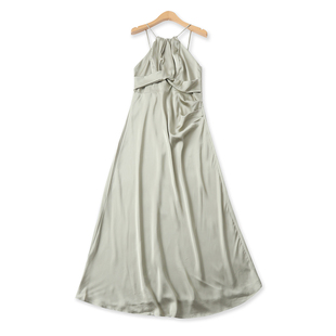 缎面吊带裙夏季新款外贸女装设计感自由肩带褶皱收腰抹胸裙19925